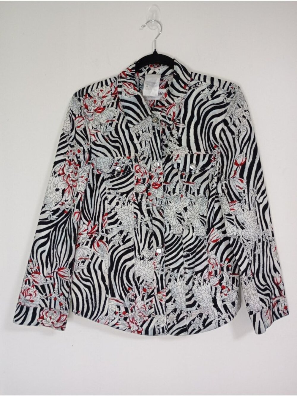Basler Zebra & Floral Print Button-Up Jacket Long Sleeves & Snap Closures -